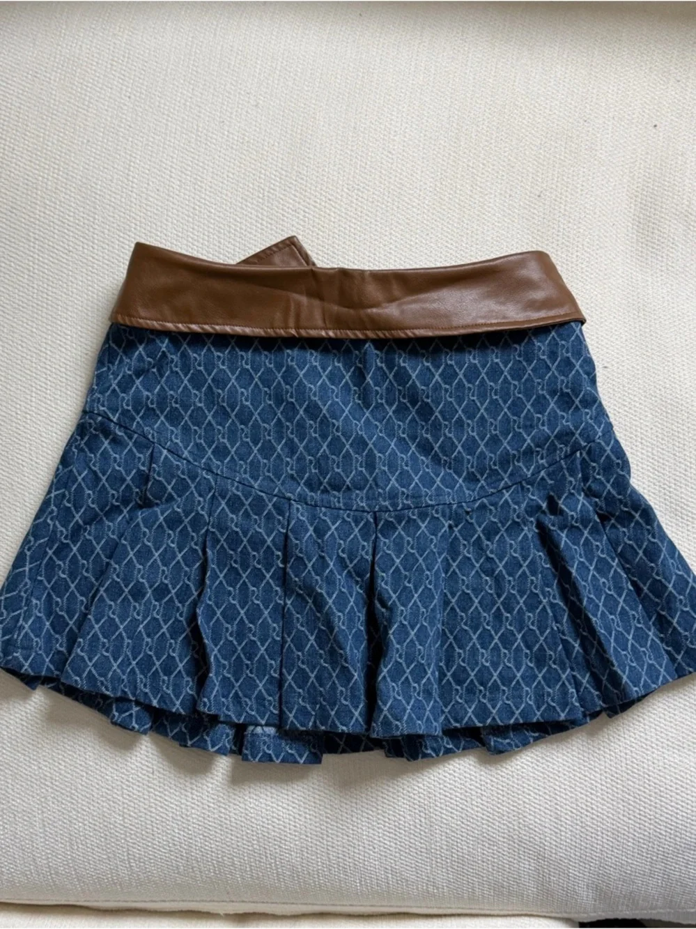 Aelfric Eden Navy Patterned Pleated Skirt with Brown Faux-Leather Waistband - Picture 2 of 7